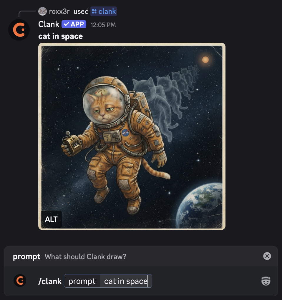 A &ldquo;cat in space&rdquo; /clank prompt and the astronaut-cat image Clank drew, shown in a Discord channel.